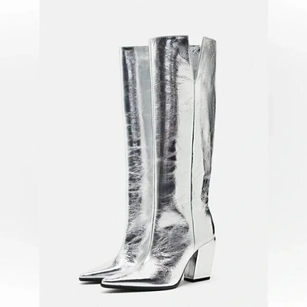 ZARA 100% LEATHER METALLIC HEELED KNEE HIGH BOOTS - Picture 13 of 13